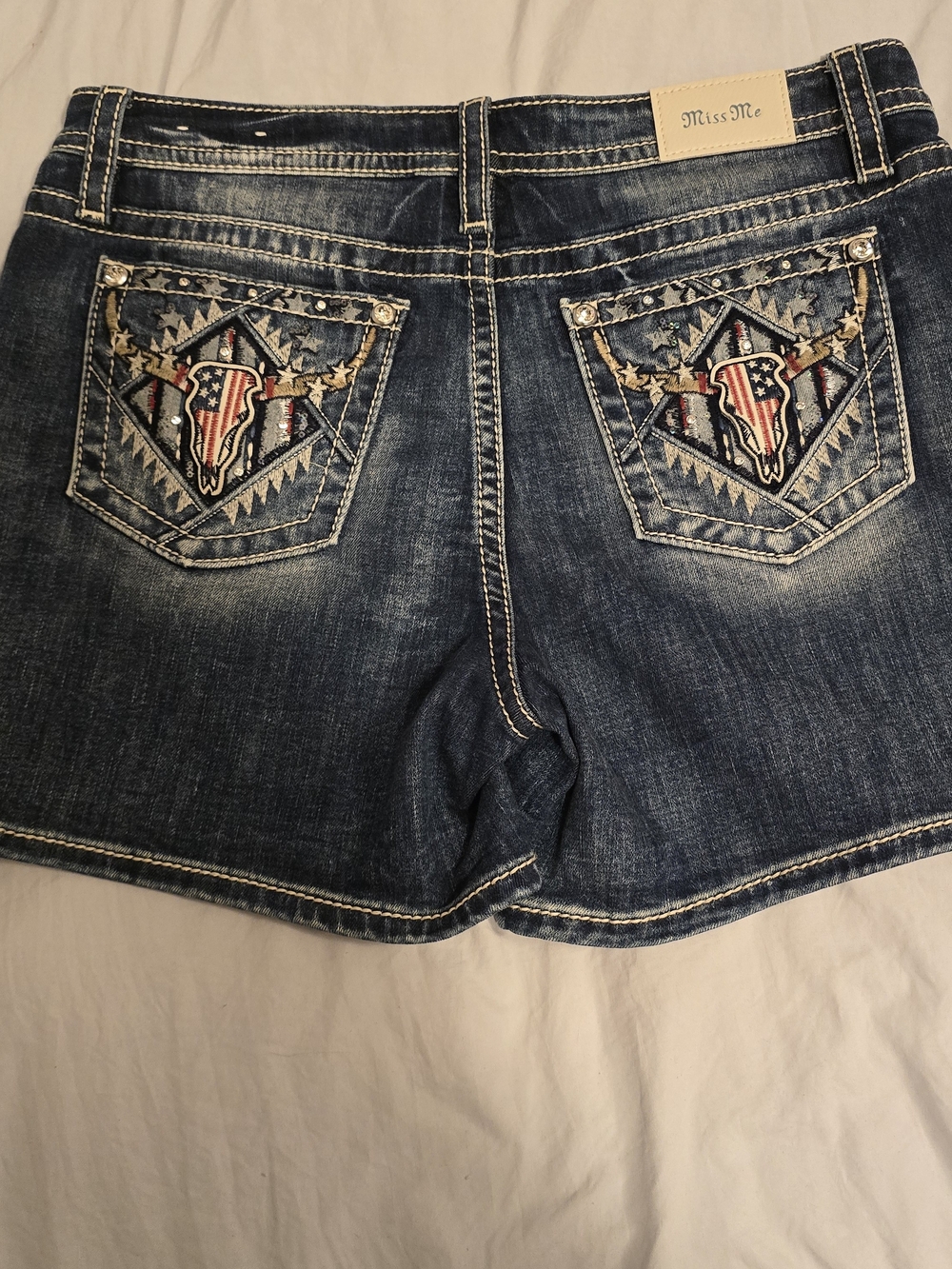 Miss Me Embroidered Denim Shorts - Dark Blue with Flag Accent